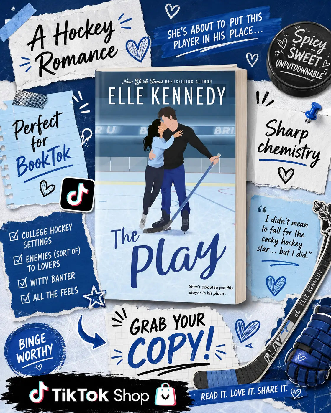 De play door elle kennedy hockey roman met geïllustreerde cover van twee schaatsers op ijs off campus spin off