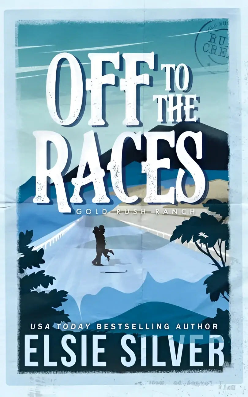 Vintage stijl poster voor het boek off to the races van Elsie Silver met skiërs en berglandschap in blauw-witte tinten
