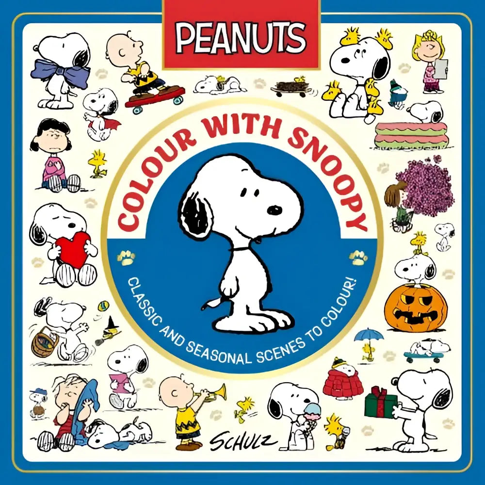 Kleurrijk kinderen kleurboek official peanuts colour with snoopy met blauwe kaft en seizoensgebonden snoopy scènes