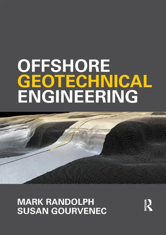 De boekcover van offshore geotechnical engineering door mark randolph en susan gourvenec toont een offshore structuur met zwart gaas op grijs-witte achtergrond