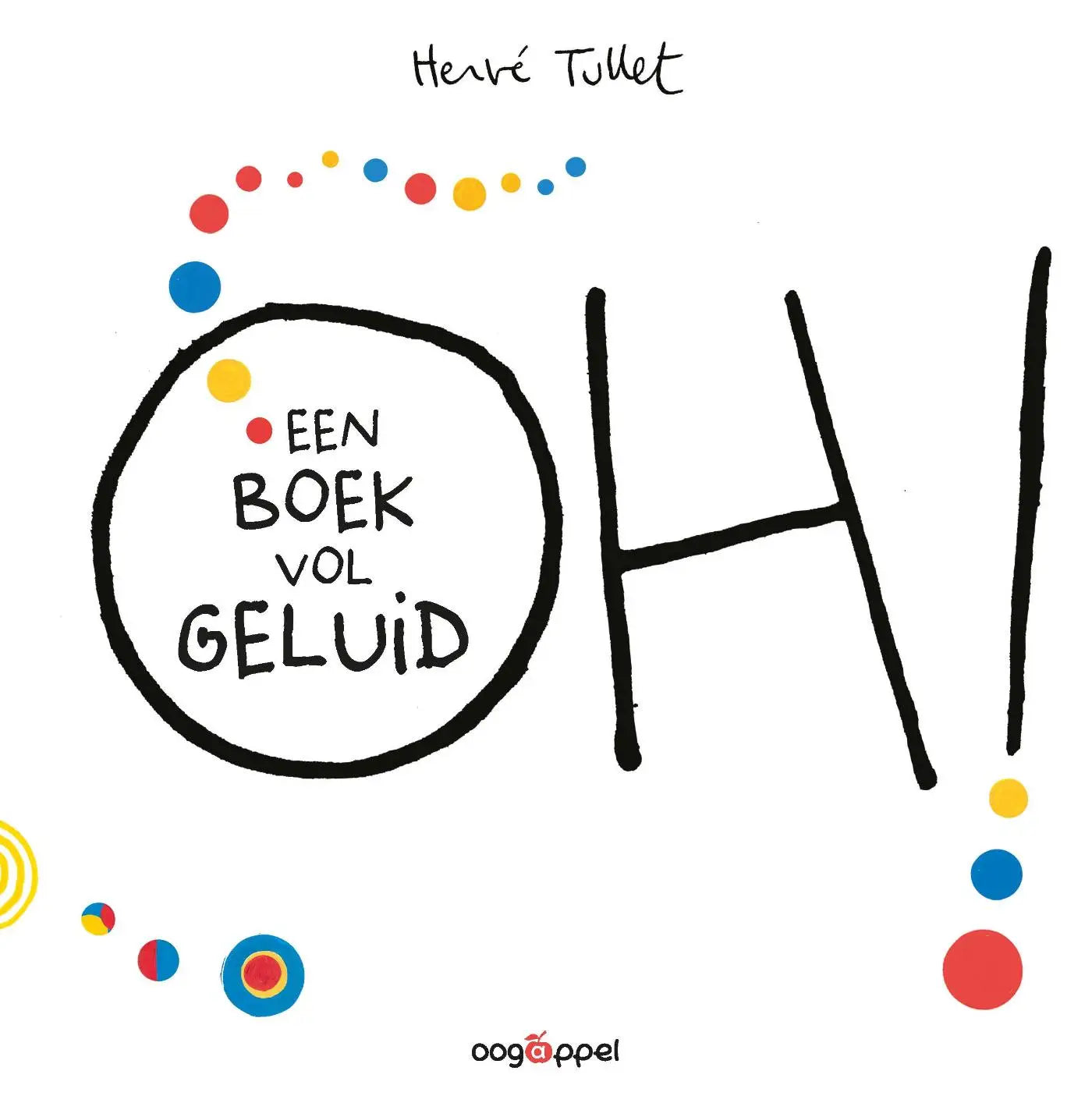Een kleurrijke handgetekende boekomslag van oh een boek vol geluid met titel oh en cirkelvormig patroon voor jonge lezers