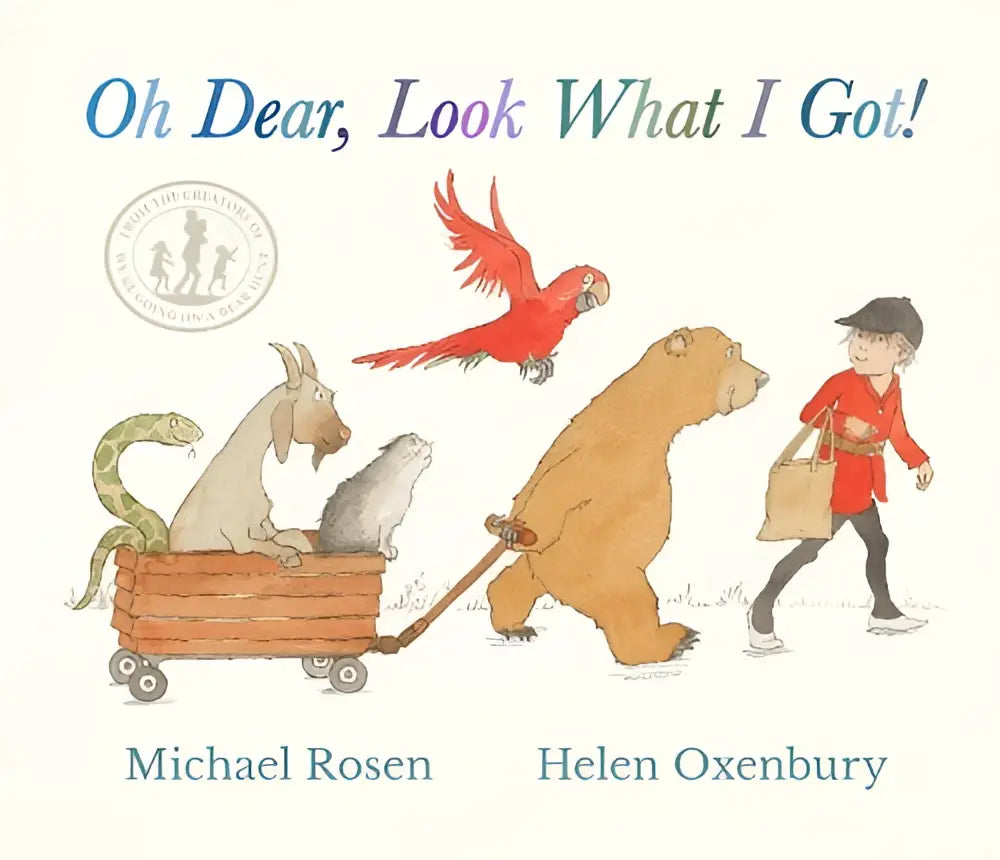 De omslag van het kinderboek Oh Dear Look What I Got door Michael Rosen en Helen Oxenbury toont een rode papegaai boven een houten kar getrokken door een beer en won een British Book Award