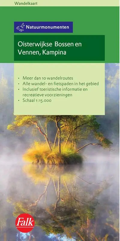 Falk natuurmonumenten wandelkaart oisterwijkse bossen en vennen kampina met mistig bos en eilandreflectie op cover