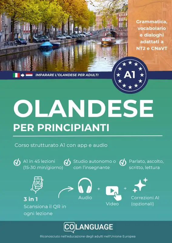 Groen-wit educatief poster voor a1-niveau nederlandse cursus van co language, praktisch met dialogen grammatica en audio