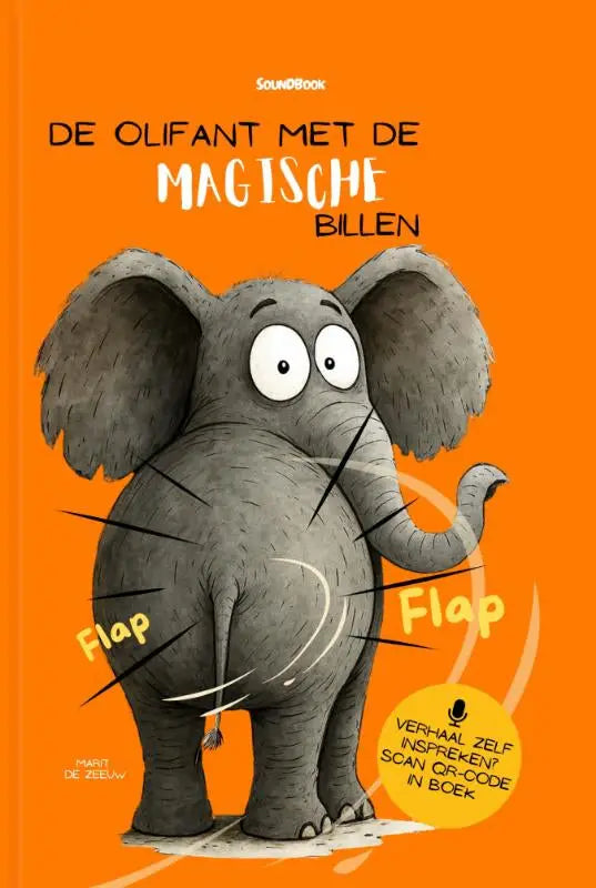 Een grijze cartoonolifant met grote oren en een opgetrokken slurf tegen een oranje achtergrond in magische billen