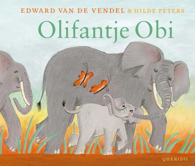 Illustratie van een grijze olifant met witte slagtanden en een speels babyolifantje op de voorkant van olifantje obi voor jonge lezers