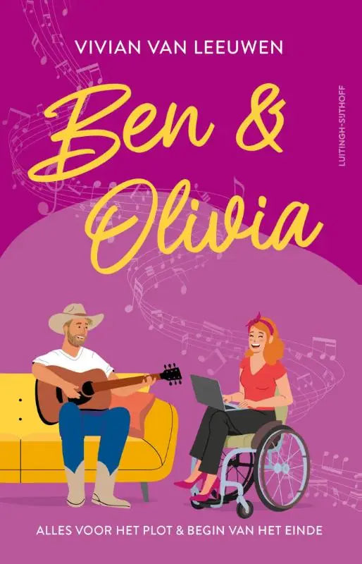 Vrolijk geïllustreerde boekcover ben & olivia door vivian van leeuwen met gitaar en laptop op magenta achtergrond
