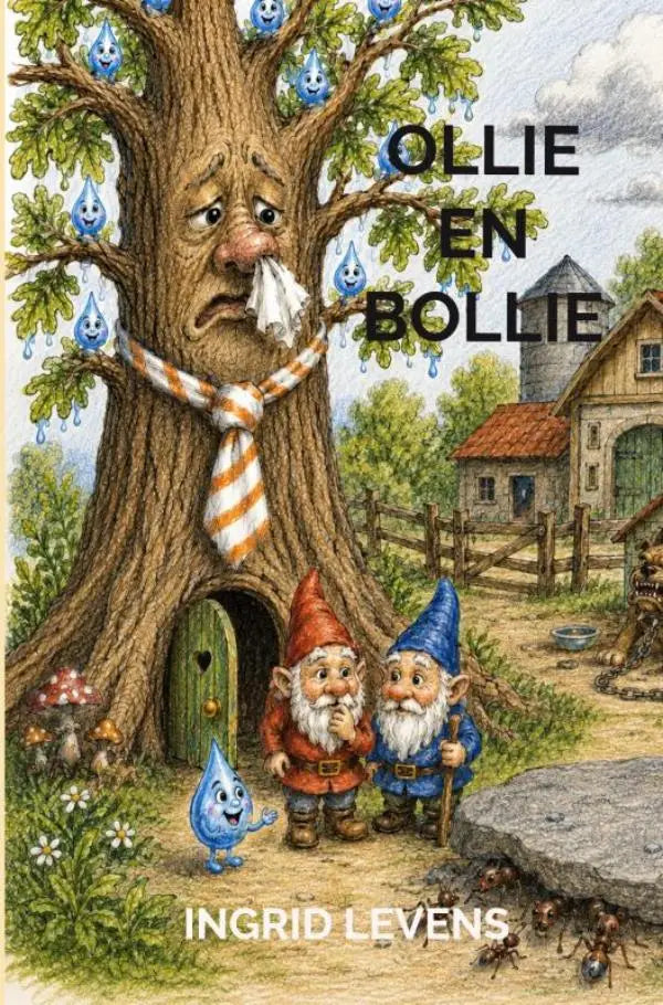 De cover van het kinderboek ollie en bollie door ingrid levens toont een grote boom met stropdas die zijn neus snuit voor jonge lezers