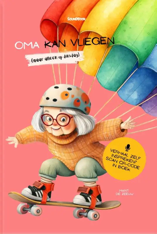Een vrolijke oma op een skateboard met een polkadot helm en regenboog parachute voor jonge lezers