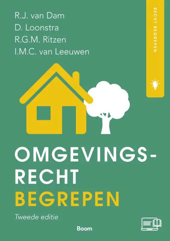Groen boekomslag van omgevingsrecht begrepen met geel huis en witte boom illustratie door doreth loonstra en ron ritzen