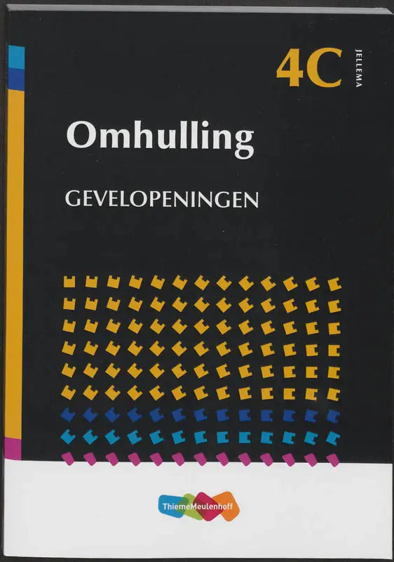 Zwarte harde kaft boek omhulling door jellema met gele en blauwe geometrische patronen educatieve uitgaven algemeen