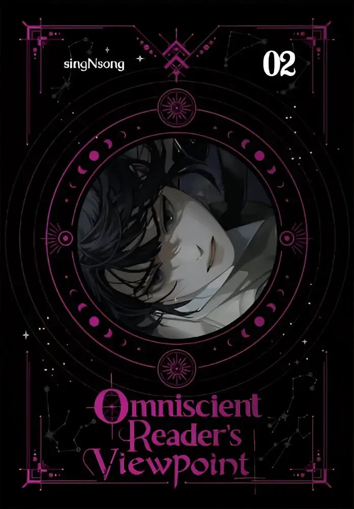 De cover van omniscient readers viewpoint manga volume 2 toont een donkerharig personage binnen een sierlijk cirkelontwerp met maanfasen