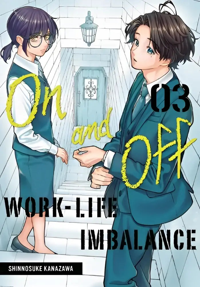 De cover van de manga on and off work-life imbalance 03 toont twee personages in teal schooluniformen bij een blauwe deur