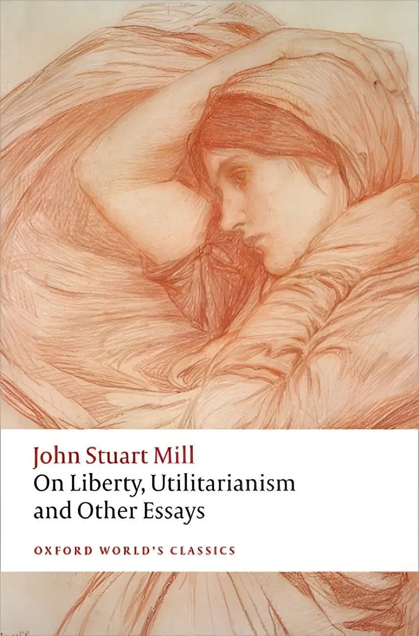 De boekomslag van on liberty utilitarianism and other essays toont een delicate roodoranje schets van een vrouw in profiel die de meest fundamentele vrijheden onderzoekt