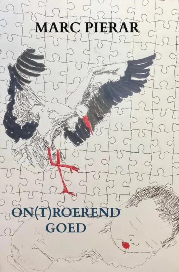 De boekomslag van On(t)roerend Goed toont een gestileerde ooievaar met zwarte en witte veren op een puzzelachtergrond