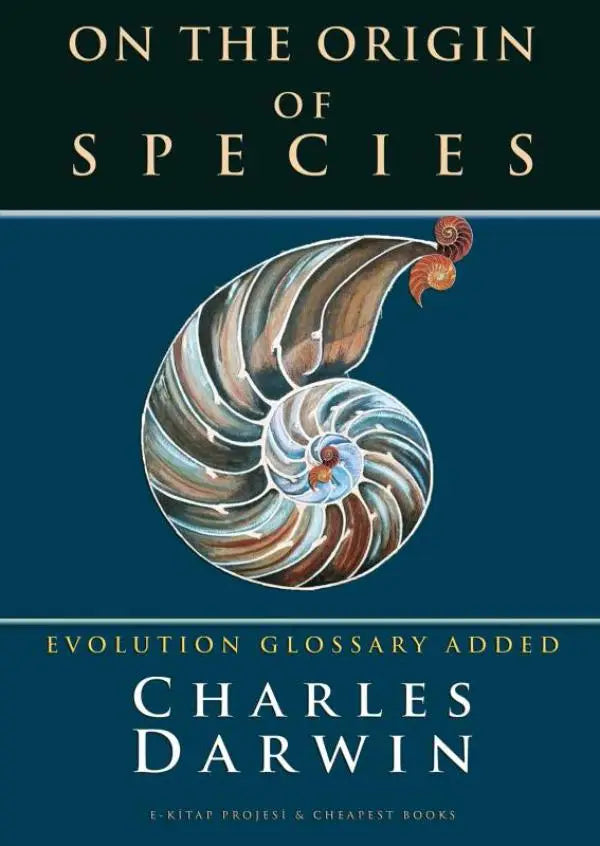 De origin boek bevat een gedetailleerde illustratie van een nautilusschelp met iriserende bruine, blauwe en witte strepen op een diepe teal achtergrond