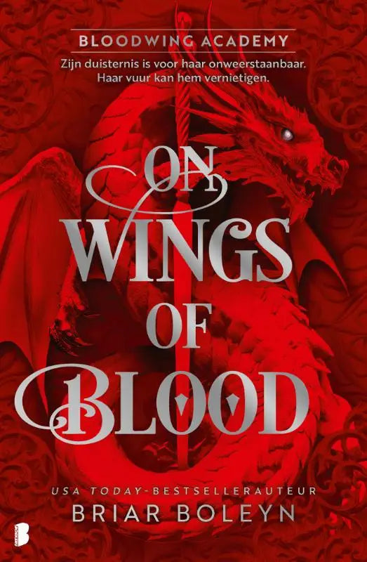 Rode draak thema boekomslag voor on wings of blood door briar boleyn dark romantasy bloodwing academy editie