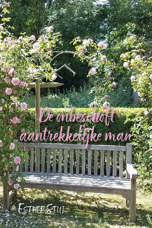 Weerachtig houten tuinbank met lattenzit en rugleuning omringd door klimmende roze rozen bij onbeschoft aantrekkelijke man