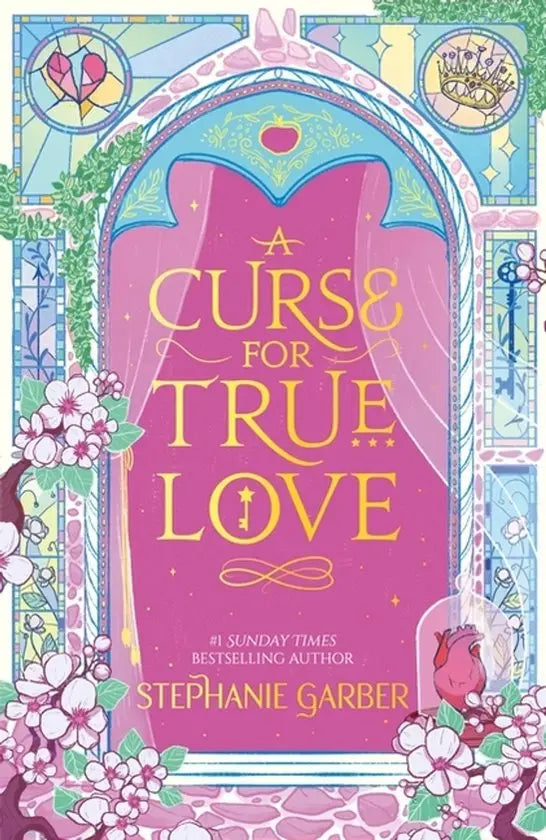 Een levendige roze boekcover met glas-in-loodbogen en gouden letters voor vloek voor echte liefde gebroken hart serie het derde boek