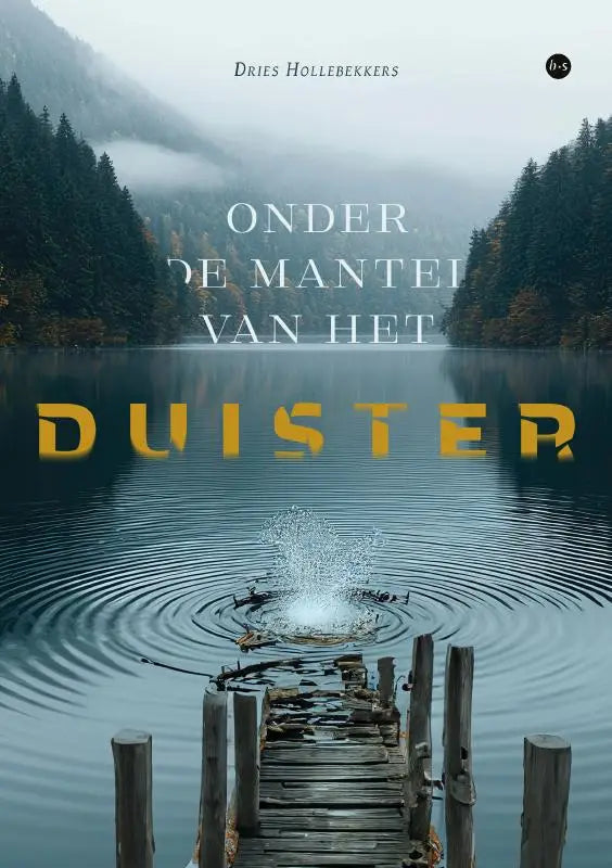 Boekcover van onder de mantel van het duister met een mistig meer en houten steiger voor jonge lezers