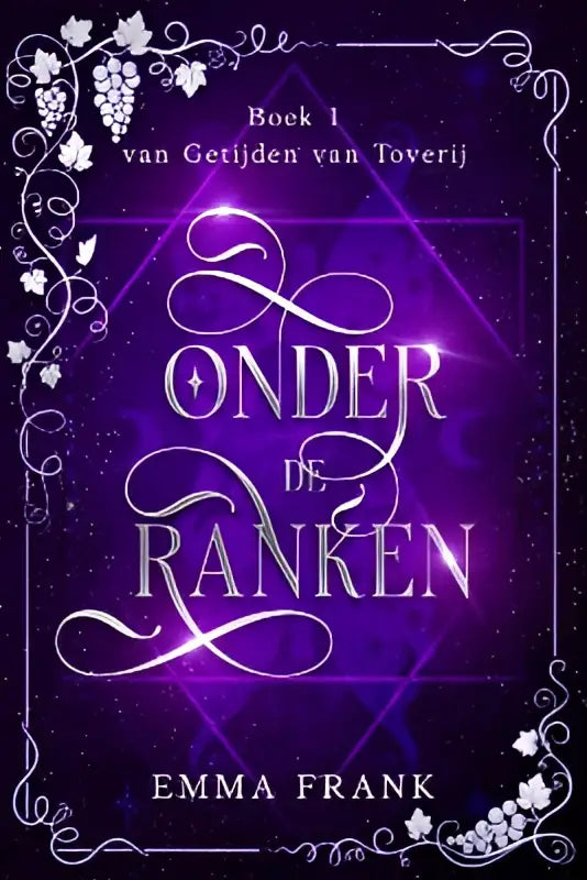 Onder de ranken boek met paarse omslag, zilveren sierlijke letters en decoratief druivenrankenpatroon