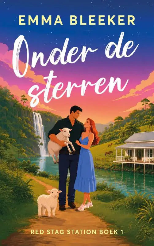 The boekcover van onder de sterren door emma bleeker toont een paar bij een waterval en verwijst naar red stag station