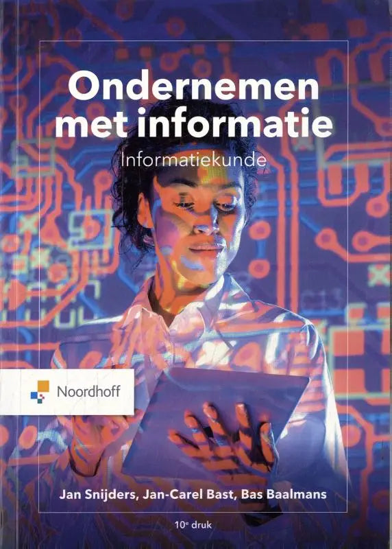 Het boek ondernemen met informatie van bas baalmans en jan snijders toont een tablet voor een blauw-oranje circuit achtergrond