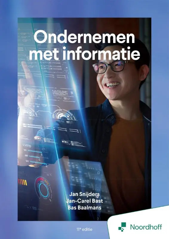 Boek cover voor Ondernemen met informatie toont een glimlachende man met bril en blauwe digitale interface achtergrond