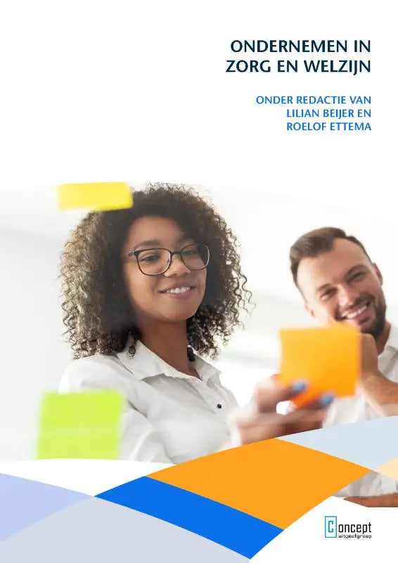 Cover van de nederlandse uitgave ondernemen in zorg en welzijn met twee glimlachende professionals in kantooromgeving