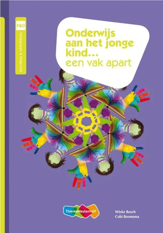 Paars boekcover voor onderwijs aan het jonge kind een vak apart met kleurrijk symmetrisch mandala ontwerp van kinderhanden en gezichten