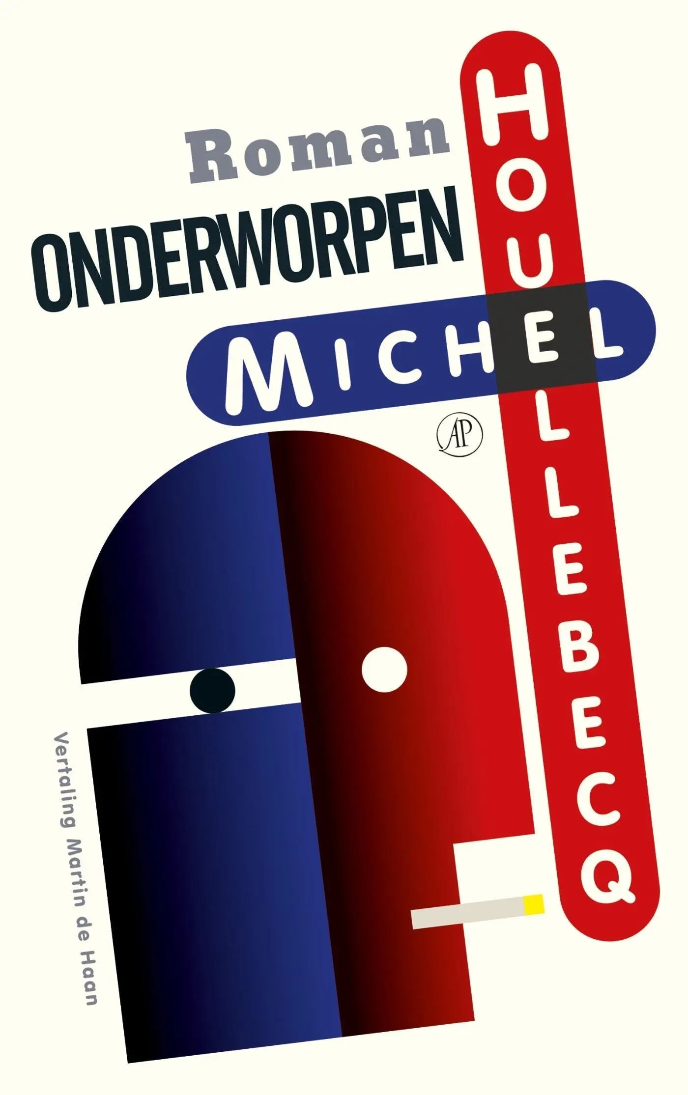 De boekomslag van Onderworpen toont een gestileerd abstract gezicht in blauw en rood met witte lijnen over de ogen