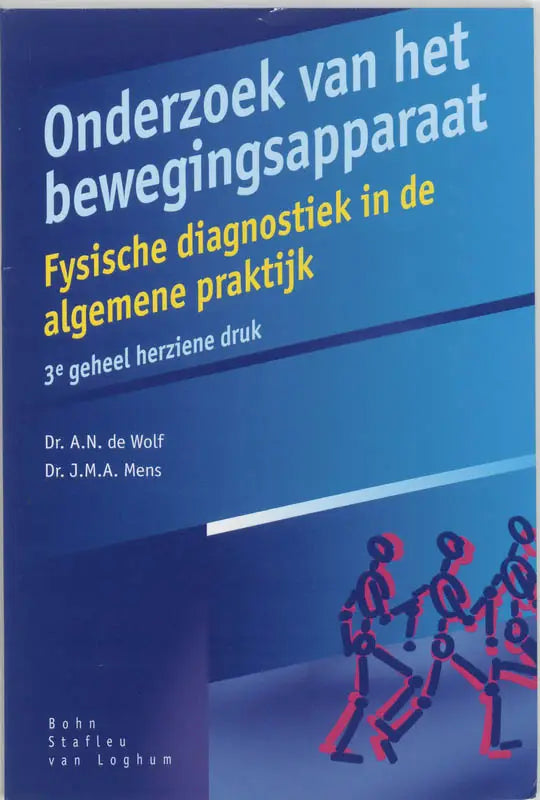 Blauw boek van bsl media onderzoek van bewegingsapparaat met witte en gele tekst en rode stickfiguren voor geneeskunde algemeen
