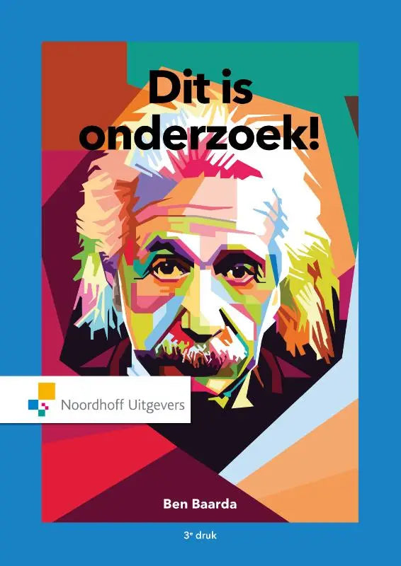 Vibrant pop-artportret van albert einstein op het boek dit is onderzoek van ben baarda over algemene sociale wetenschappen