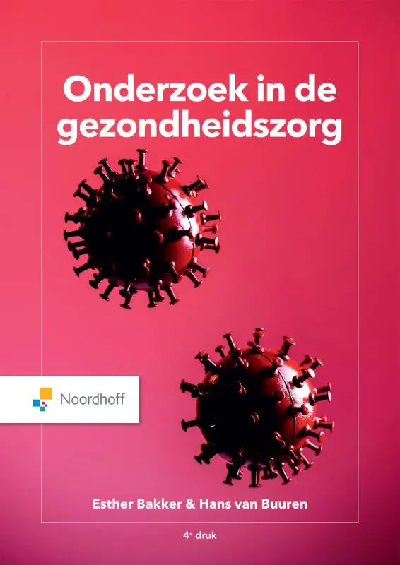 Rood glanzend 3d-virus op een levendige roze omslag van het boek onderzoek in de gezondheidszorg esther bakker sociale zorg
