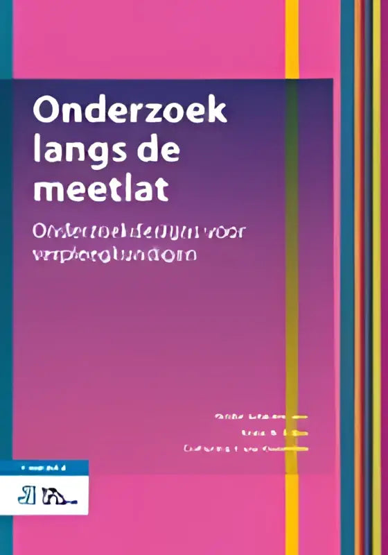 De boekomslag van onderzoek langs de meetlat toont de titel in witte letters op een paarse achtergrond met oranje en gele strepen