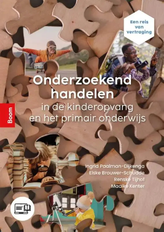 De boekcover van onderzoekend handelen toont een puzzel met afbeeldingen van pedagogisch professionals in primair onderwijs