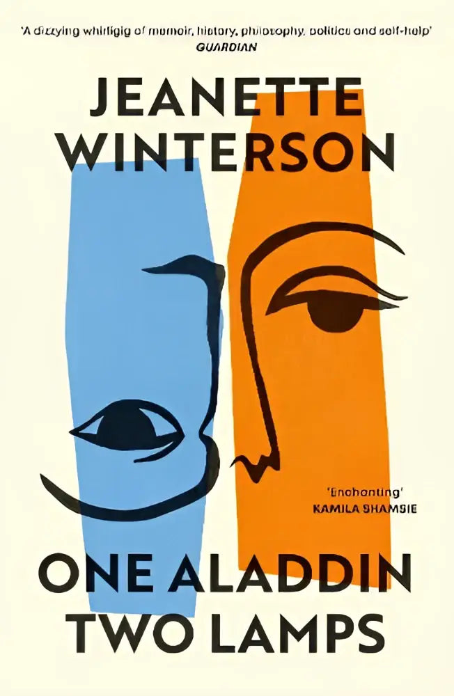 De boekcover van one aladdin two toont een gestileerde illustratie van twee gezichten blauw en oranje aladdin two lamps