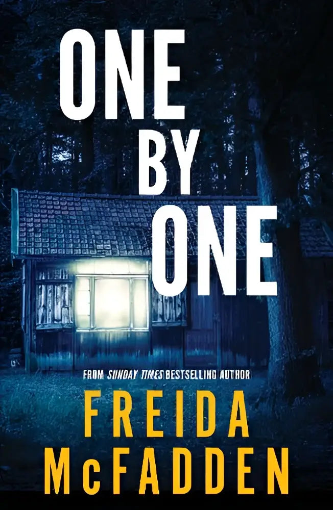 De cover van het boek one by one toont de titel in vet witte letters met de auteur freida mcfadden van de sunday times bestselling auteur van the housemaid