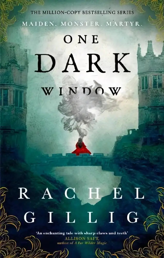 De boekcover van one dark window door rachel gillig toont een gothic en spellbinding afbeelding van een figuur in rood voor een gotisch kasteel met rook