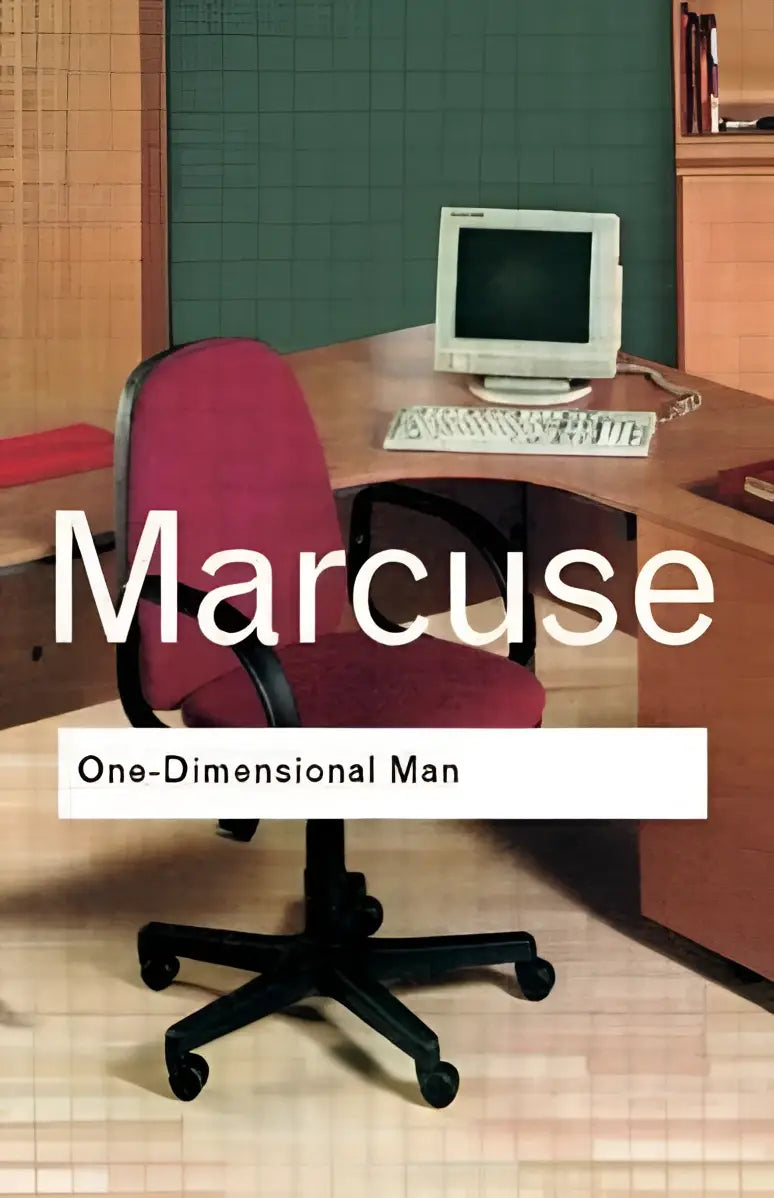 De boekomslag van One-Dimensional Man toont de titel Marcuse in witte letters boven een kantoorbeeld met een rode draaistoel