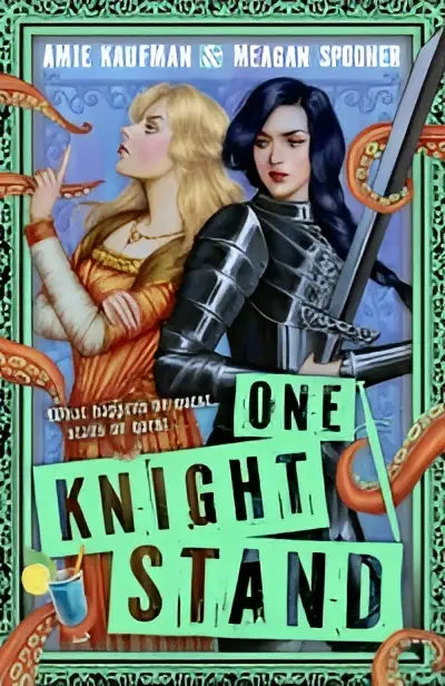 De boekcover van one knight stand toont twee illustraties van knappe ridders in gouden en donkere metalen harnassen