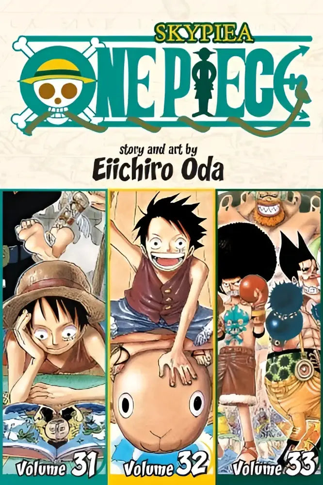 De cover van one piece omnibus edition vol 11 met levendige illustraties en vetgedrukte teal letters inclusief vols 31 32 en 33