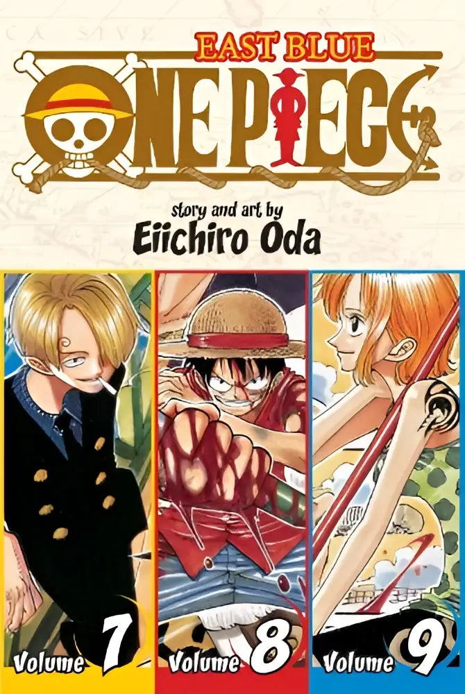 De cover van one piece omnibus edition vol 3 bevat de manga includes vols 7 8 en 9 in kleurrijk ontwerp