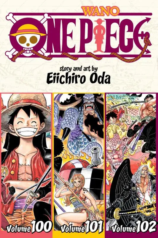 Cover van one piece omnibus edition vol 34 met volumes 100 tot 102 inclusief luffy in rood jasje en actieachtergrond