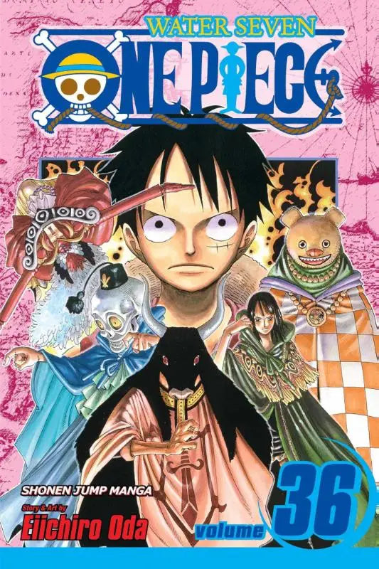 De cover van one piece volume 36 the ninth justice toont luffy centraal met personages op een roze achtergrond