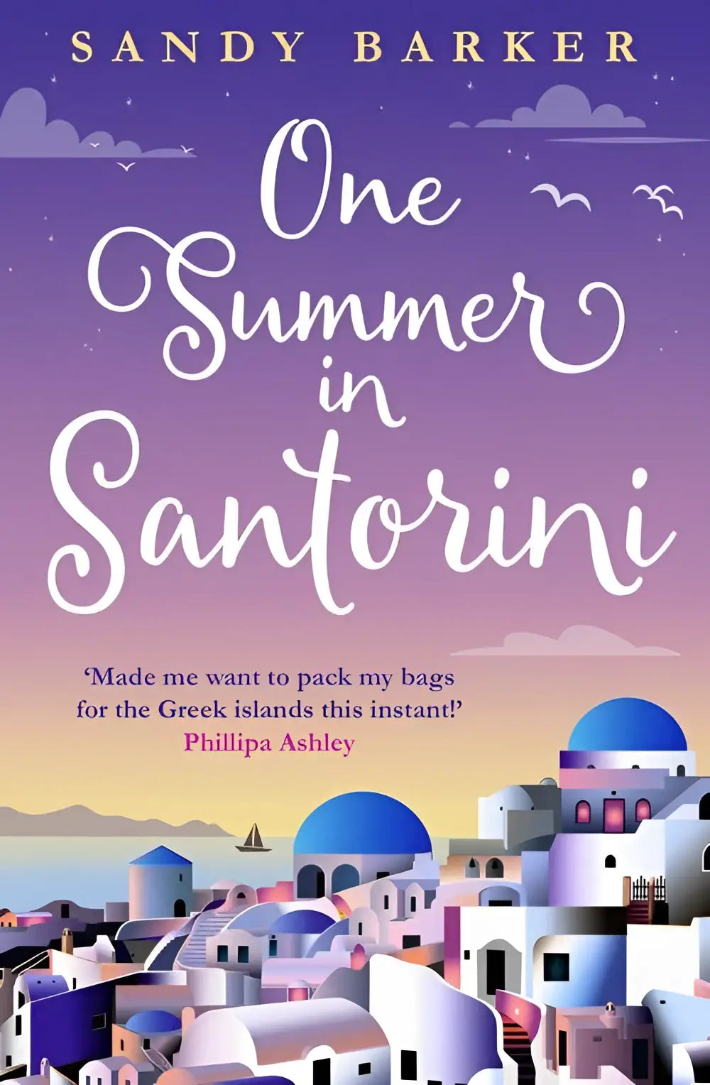 Boekcover van one summer in santorini door sandy barker met paarse en roze verloop en griekse eilanden illustratie