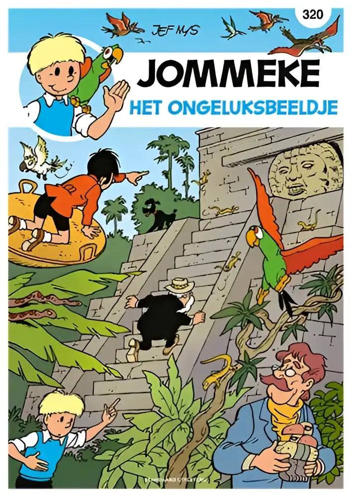 De cover van het jommeke stripboek het ongeluksbeeldje toont kleurrijke illustraties in een jungle voor jonge lezers