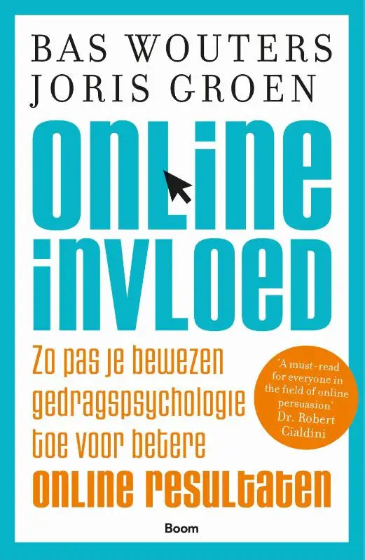 Teal en oranje boekomslag met gedurfde typografie van online invloed door bas wouters en joris groen