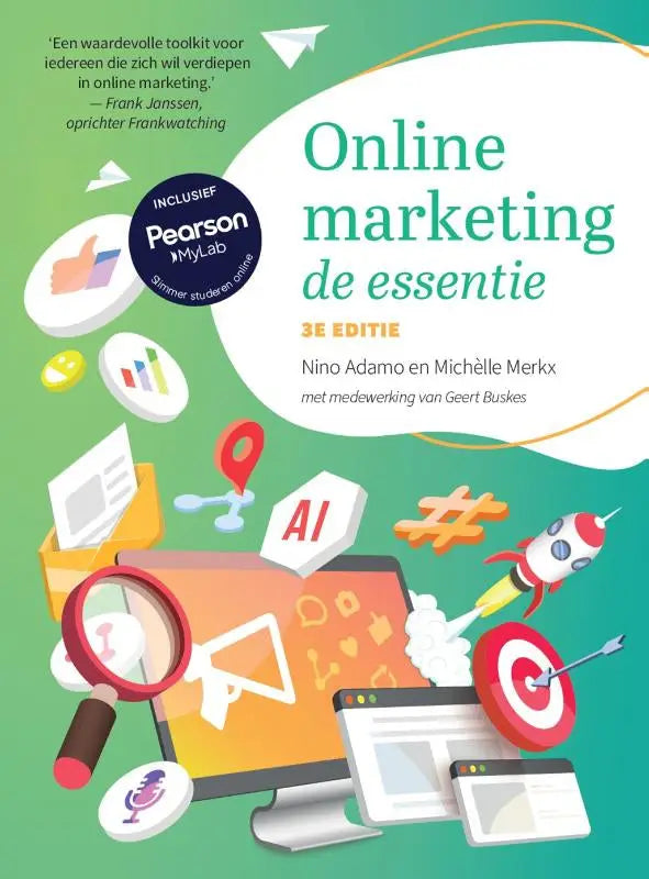 De cover van het boek Online marketing de essentie heeft een levendige groene achtergrond met kleurrijke iconen van digitale tools