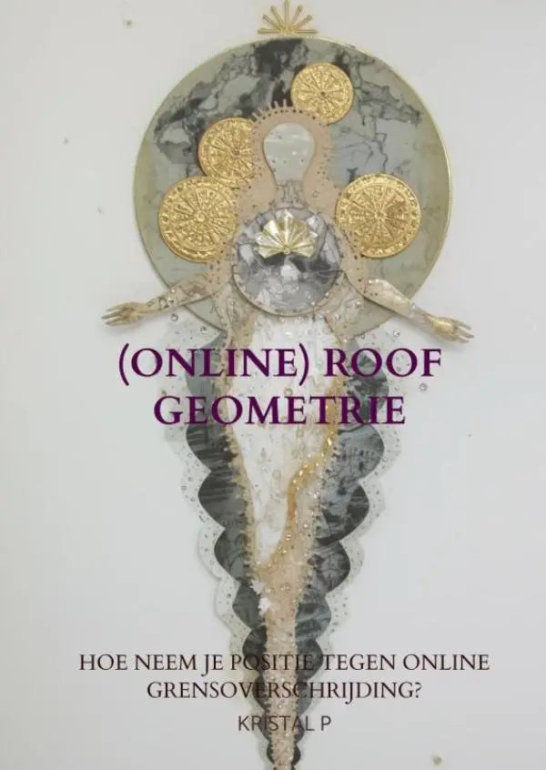 Decoratief mixed-media kunstwerk met gestileerd figuur, gouden cirkels en kristal voor roof geometrie en online grensoverschrijding